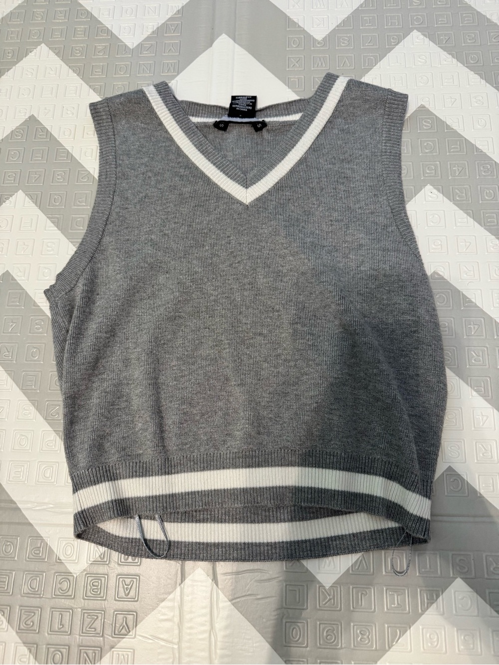 Gray Knit V-Neck Sweater Vest with White Stripes